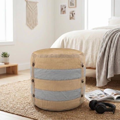 16" Tan Cotton Striped Cylinder Pouf Ottoman HomeRoots