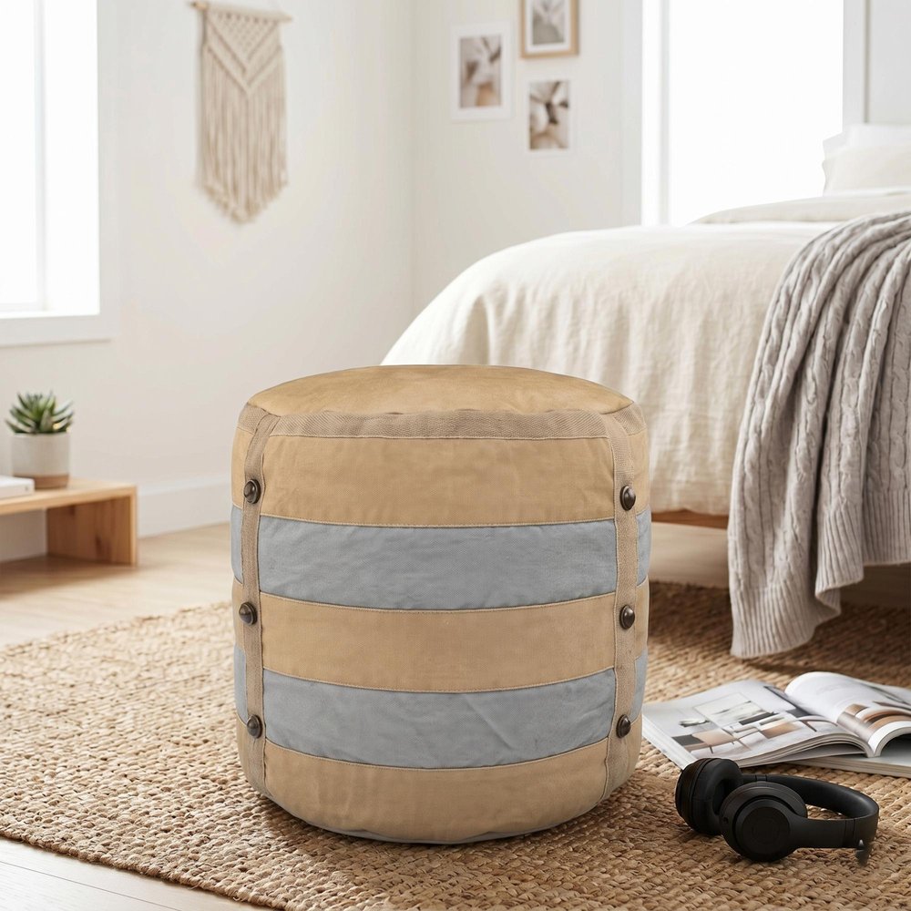 16" Tan Cotton Striped Cylinder Pouf Ottoman HomeRoots