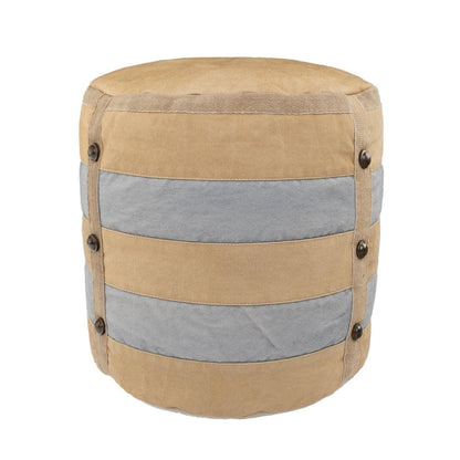 16" Tan Cotton Striped Cylinder Pouf Ottoman HomeRoots
