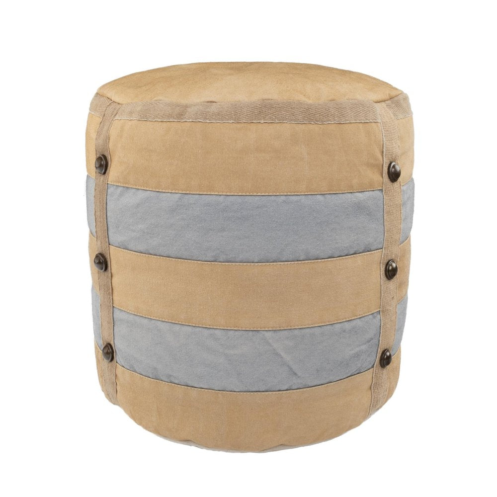 16" Tan Cotton Striped Cylinder Pouf Ottoman HomeRoots