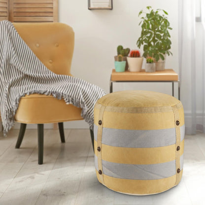 16" Tan Cotton Striped Cylinder Pouf Ottoman HomeRoots