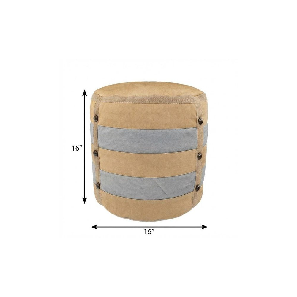 16" Tan Cotton Striped Cylinder Pouf Ottoman HomeRoots