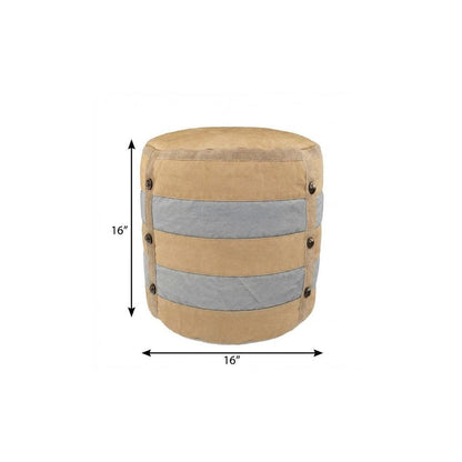 16" Tan Cotton Striped Cylinder Pouf Ottoman HomeRoots