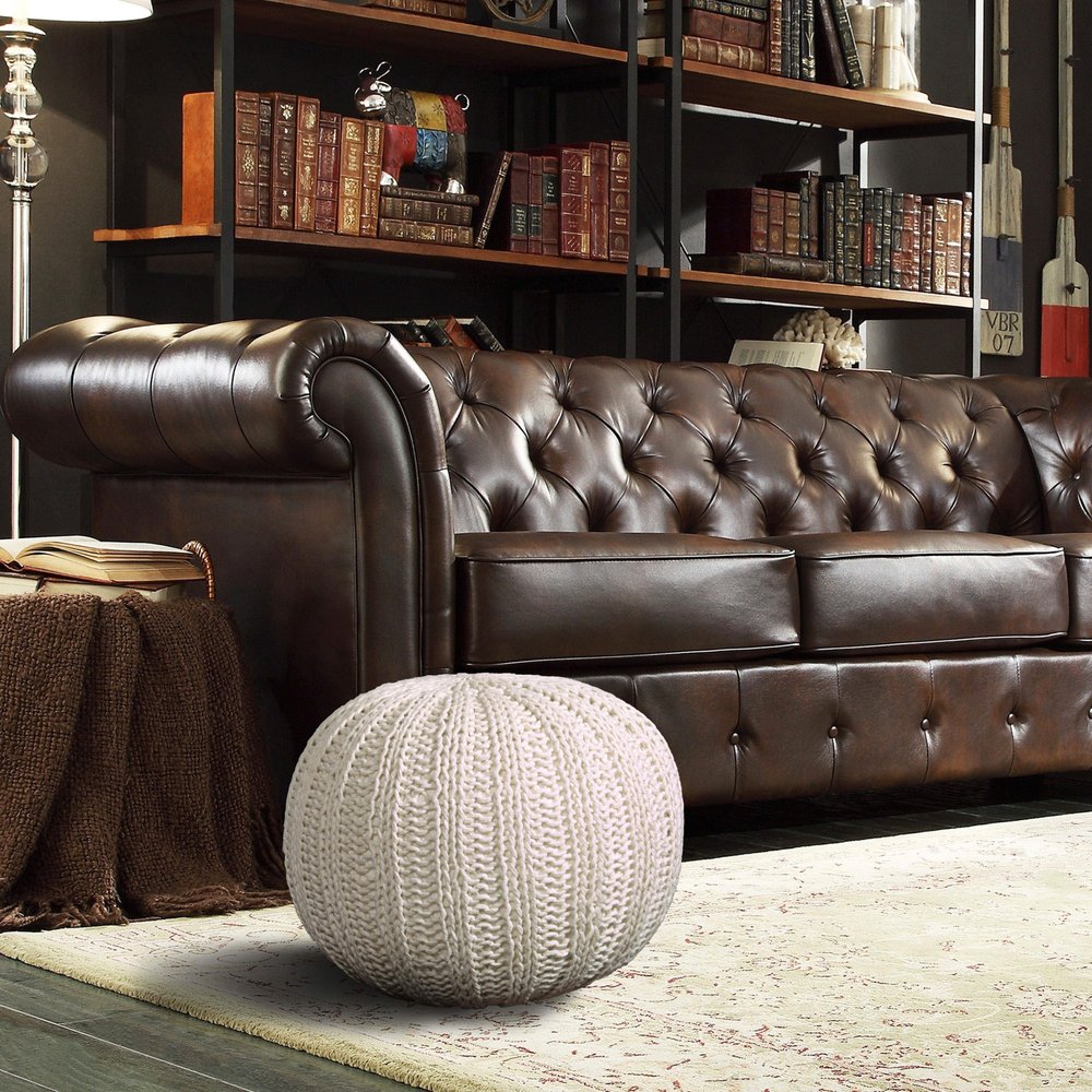 20" Beige Cotton Round Pouf Ottoman HomeRoots