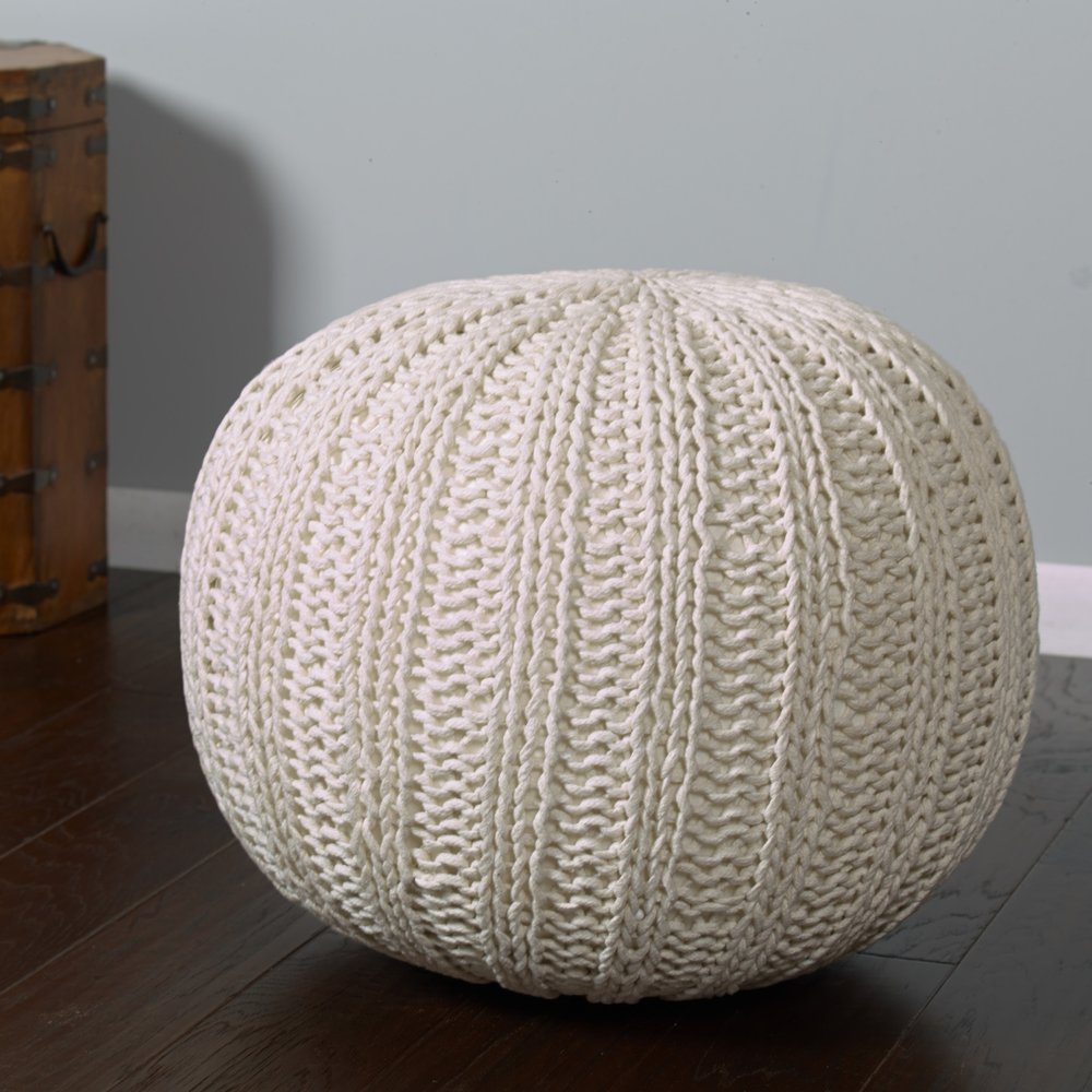 20" Beige Cotton Round Pouf Ottoman HomeRoots