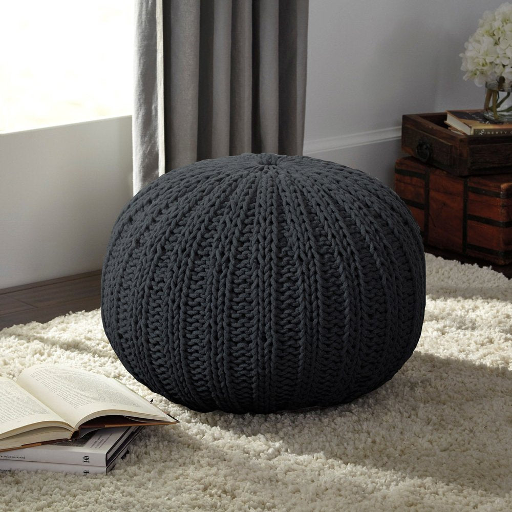 20" Beige Cotton Round Pouf Ottoman HomeRoots