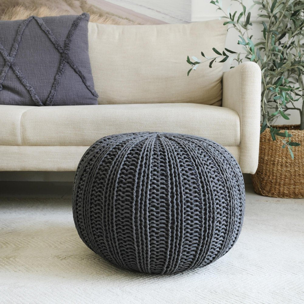 20" Blue Cotton Round Pouf Ottoman HomeRoots