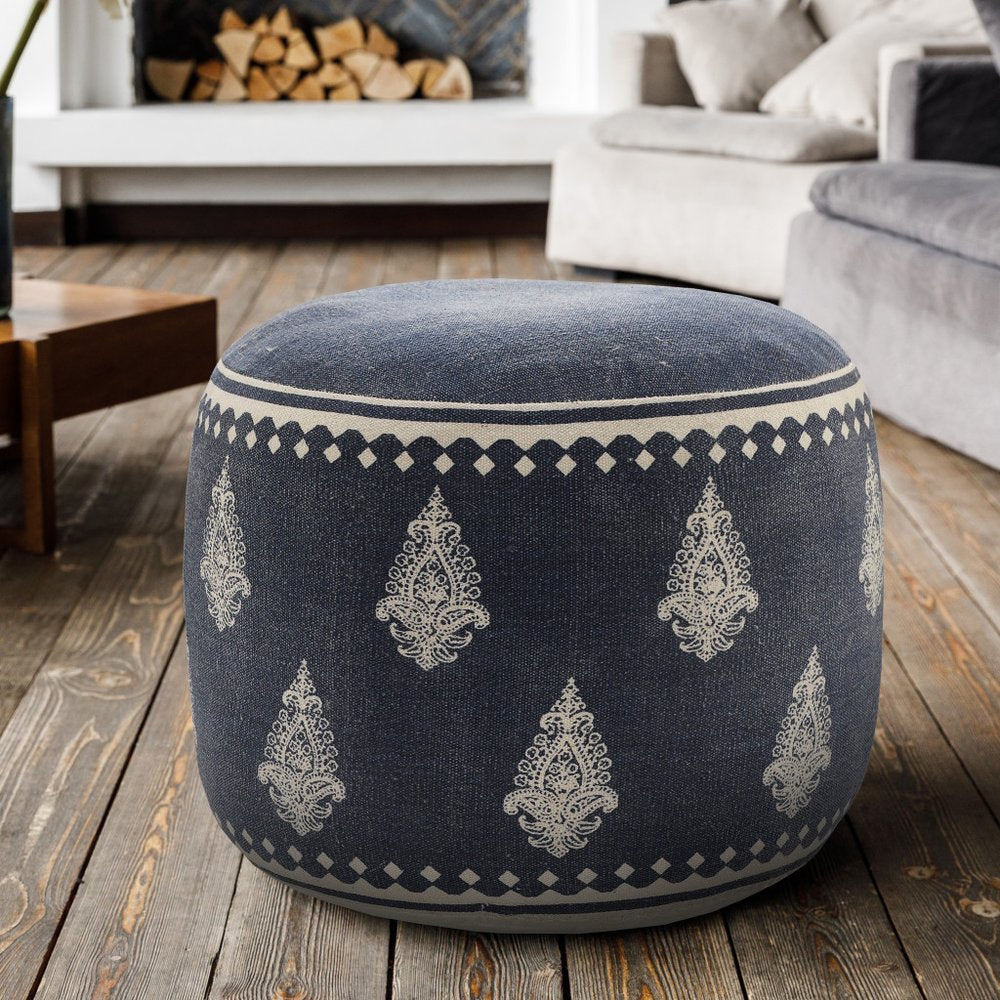 18" Blue Cotton Cylinder Paisley Pouf Ottoman HomeRoots