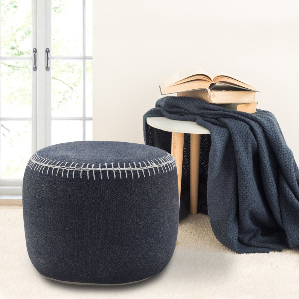 18" Blue Cotton Cylinder Striped Pouf Ottoman HomeRoots