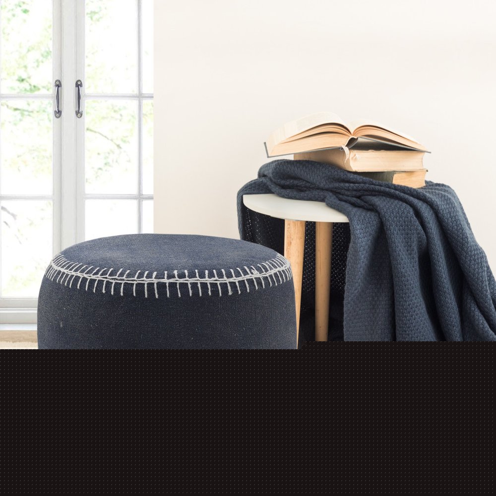 18" Blue Cotton Cylinder Striped Pouf Ottoman HomeRoots
