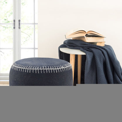 18" Blue Cotton Cylinder Striped Pouf Ottoman HomeRoots