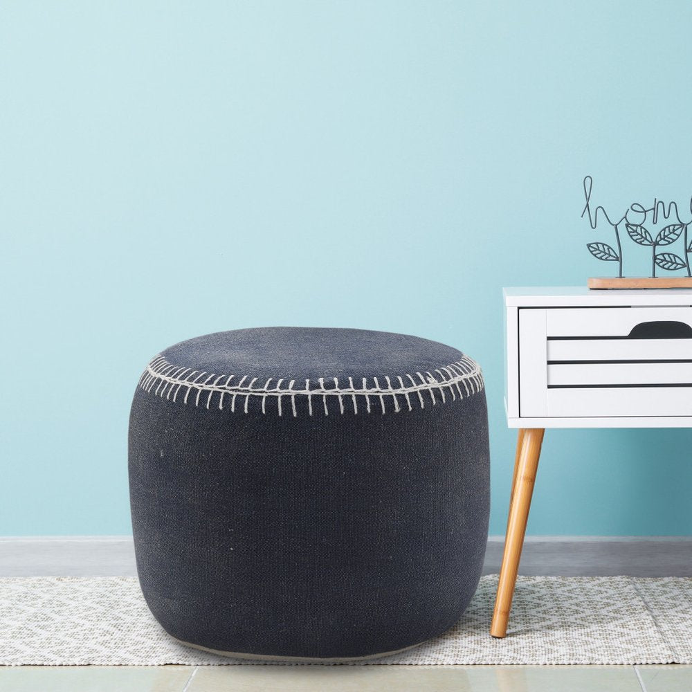18" Blue Cotton Cylinder Striped Pouf Ottoman HomeRoots