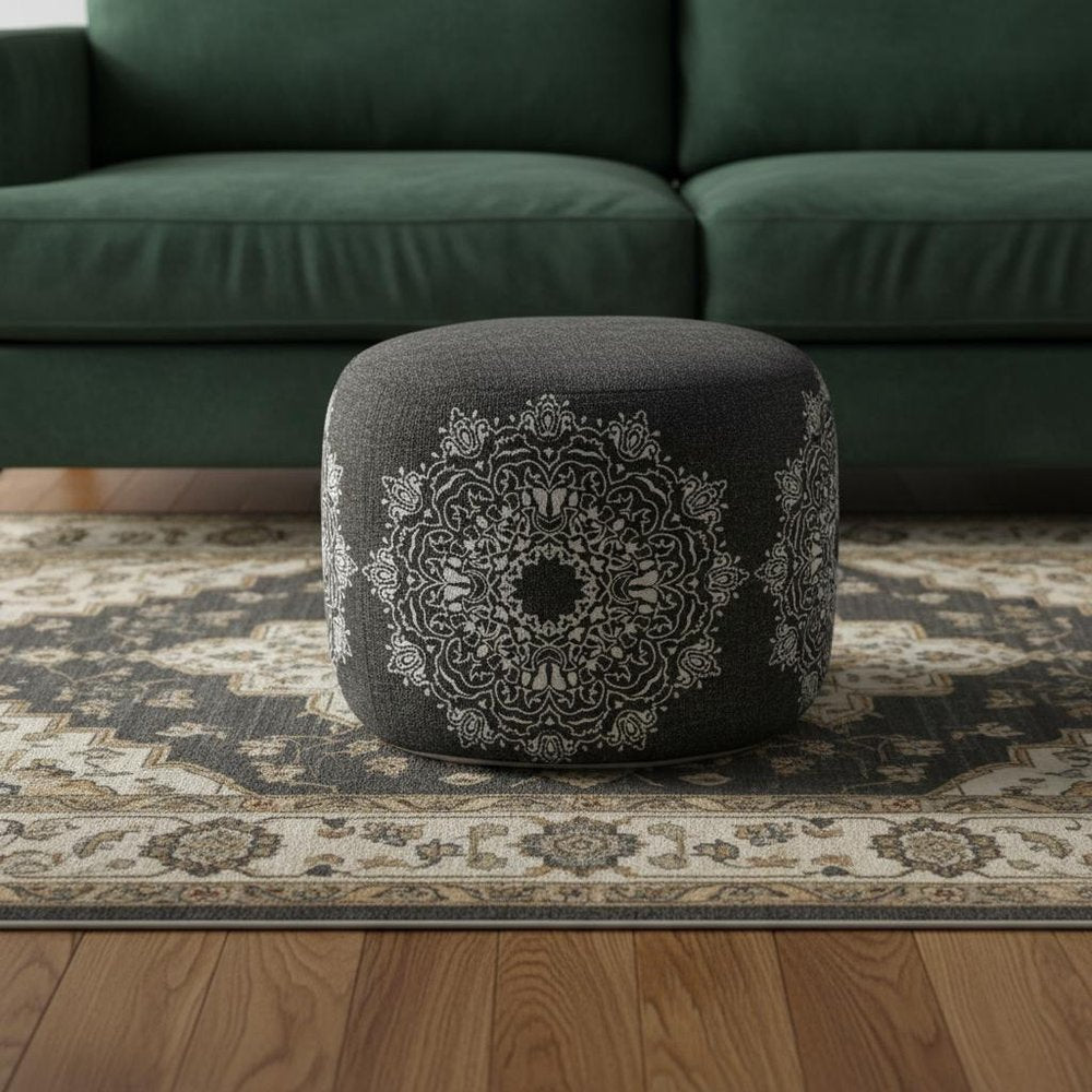 18" Black Cotton Medallion Cylinder Pouf Ottoman HomeRoots