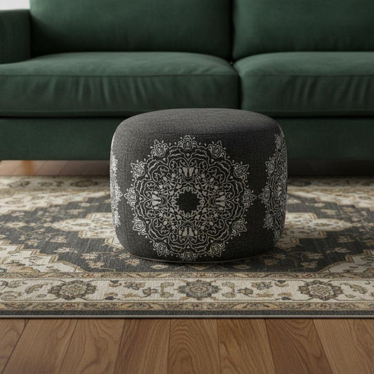 18" Black Cotton Medallion Cylinder Pouf Ottoman HomeRoots