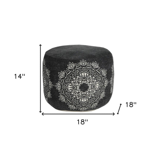 18" Black Cotton Medallion Cylinder Pouf Ottoman HomeRoots