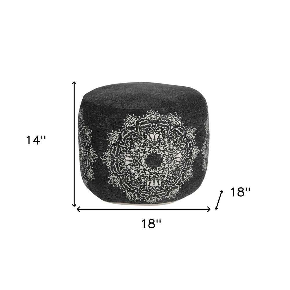18" Black Cotton Medallion Cylinder Pouf Ottoman HomeRoots