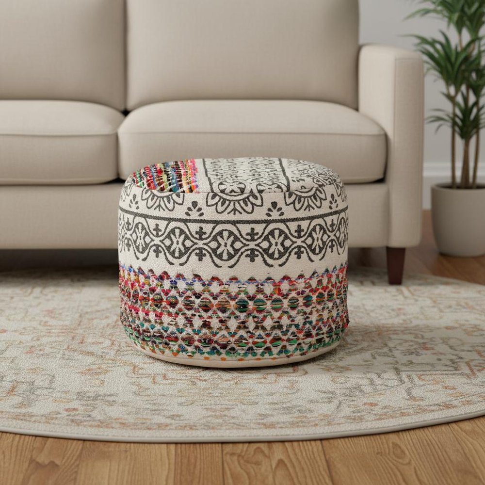 18" Rainbow and Gray Geometric Cylinder Pouf Ottoman HomeRoots
