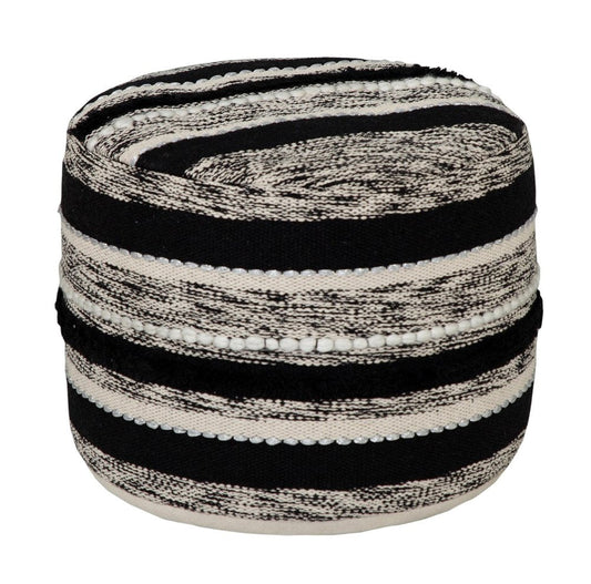 18" White Cotton Cylinder Striped Pouf Ottoman HomeRoots