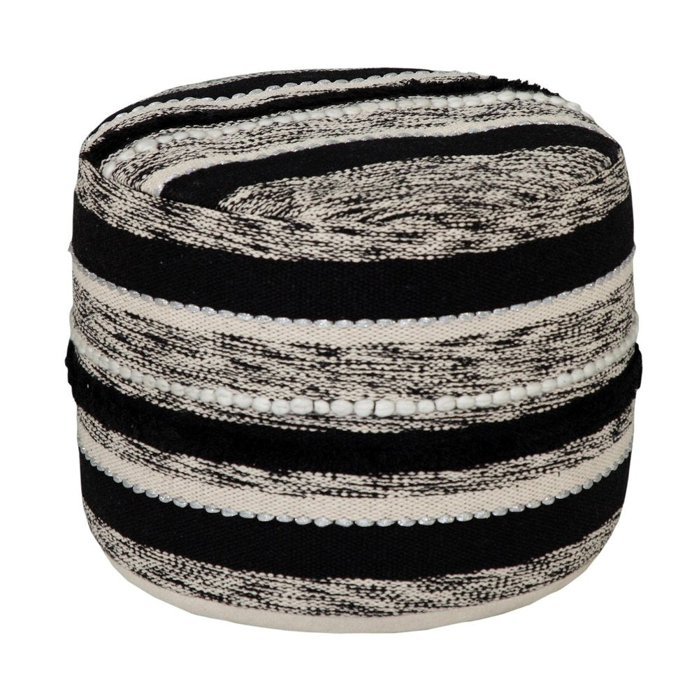 18" White Cotton Cylinder Striped Pouf Ottoman HomeRoots