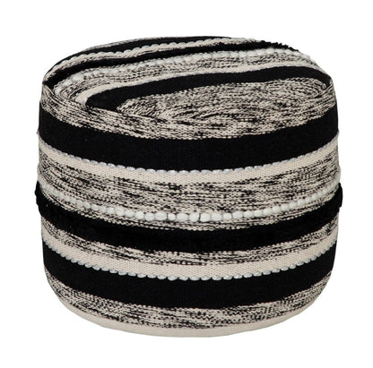 18" White Cotton Cylinder Striped Pouf Ottoman HomeRoots