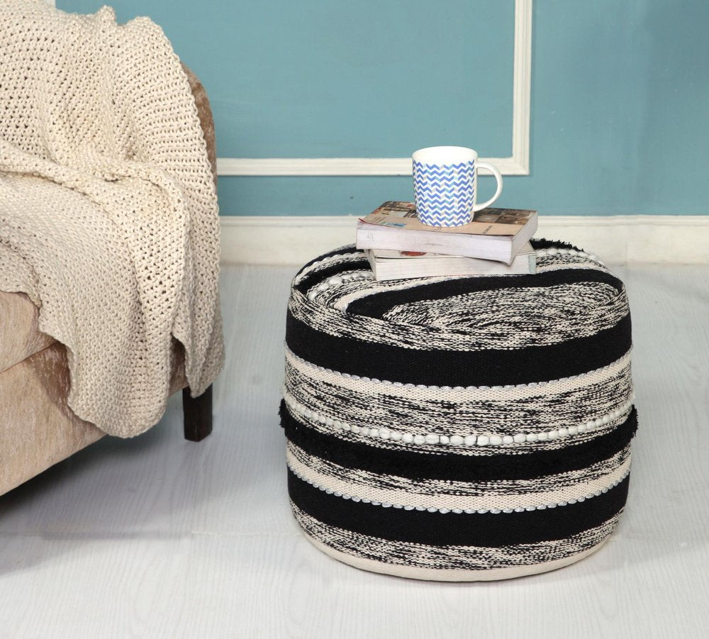 18" White Cotton Cylinder Striped Pouf Ottoman HomeRoots