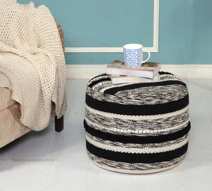 18" White Cotton Cylinder Striped Pouf Ottoman HomeRoots