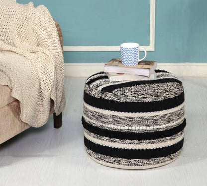 18" White Cotton Cylinder Striped Pouf Ottoman HomeRoots