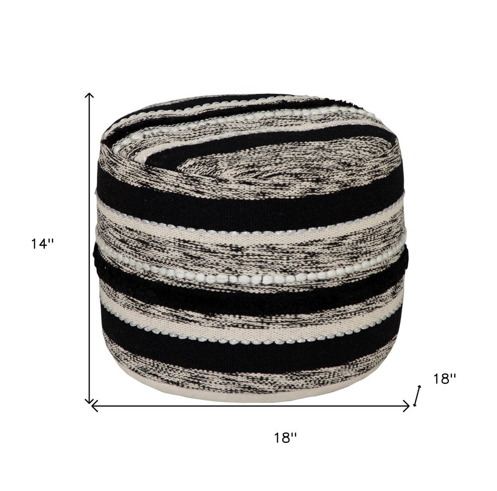 18" White Cotton Cylinder Striped Pouf Ottoman HomeRoots