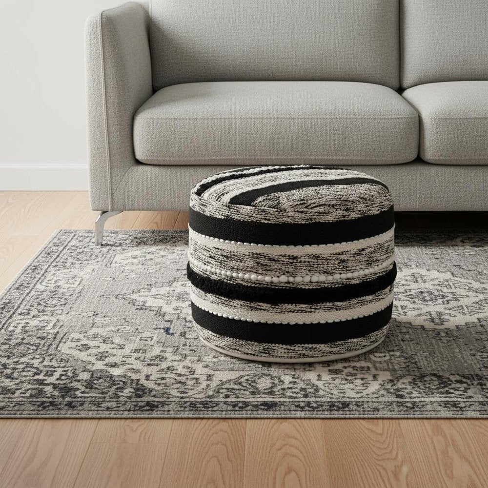 18" White Cotton Cylinder Striped Pouf Ottoman HomeRoots