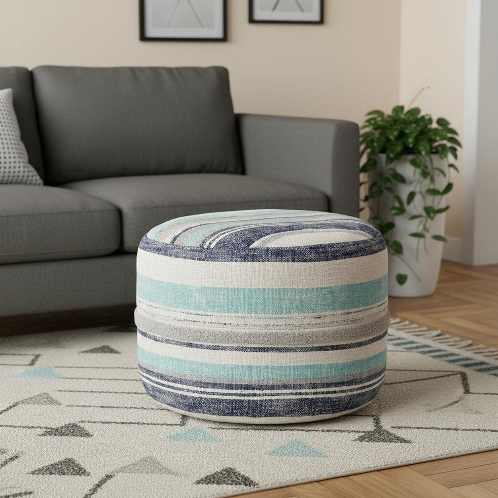 18" Blue Cotton Striped Cylinder Pouf Ottoman HomeRoots