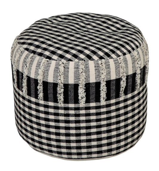 18" Black Cotton Cylinder Plaid Pouf Ottoman HomeRoots