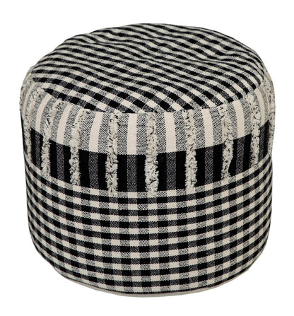 18" Black Cotton Cylinder Plaid Pouf Ottoman HomeRoots