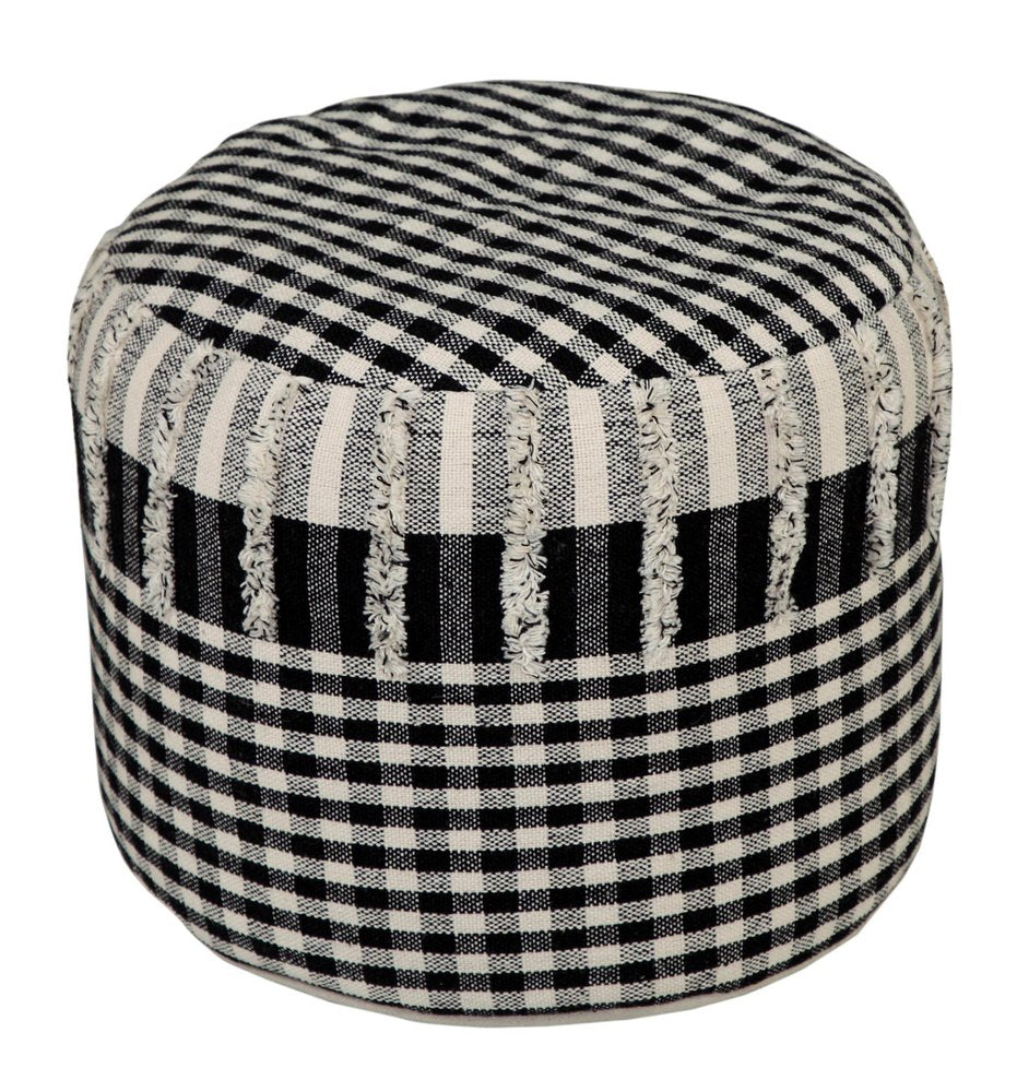 18" Black Cotton Cylinder Plaid Pouf Ottoman HomeRoots