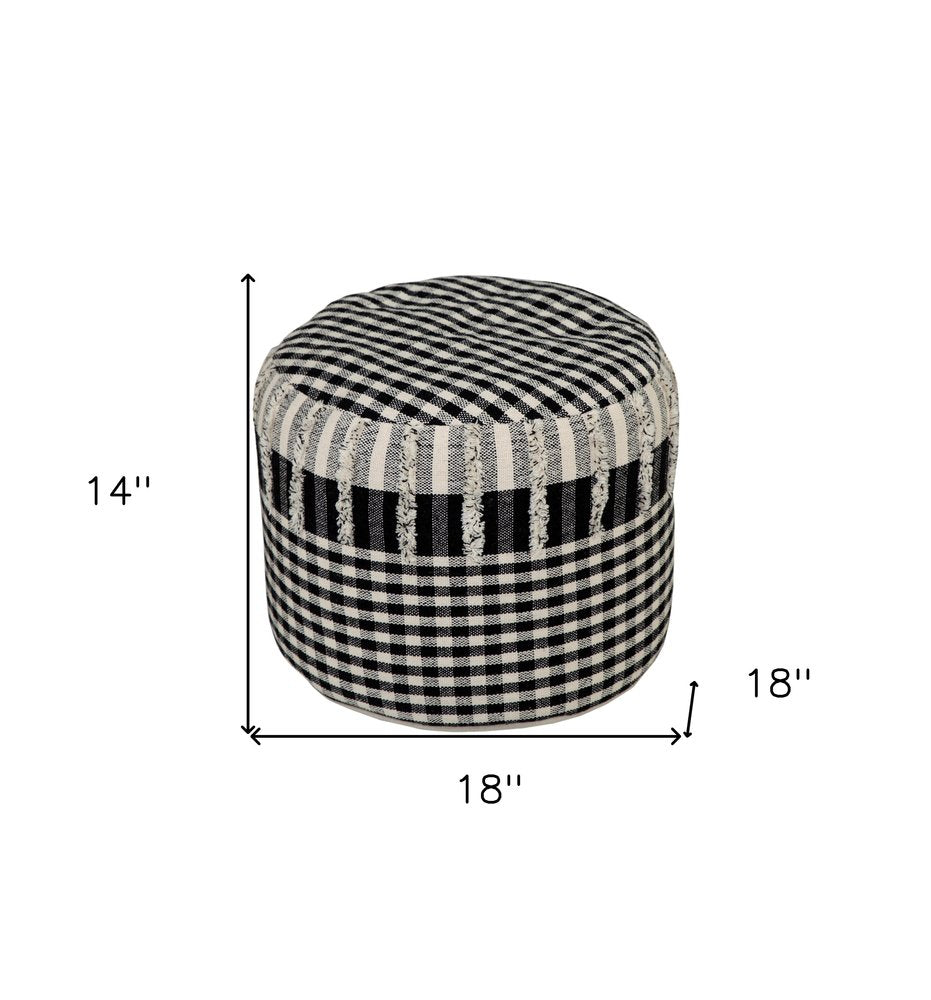 18" Black Cotton Cylinder Plaid Pouf Ottoman HomeRoots