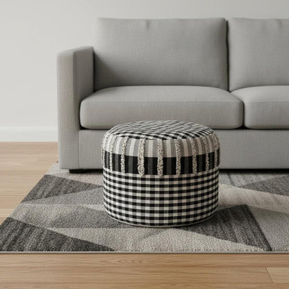 18" Black Cotton Cylinder Plaid Pouf Ottoman HomeRoots