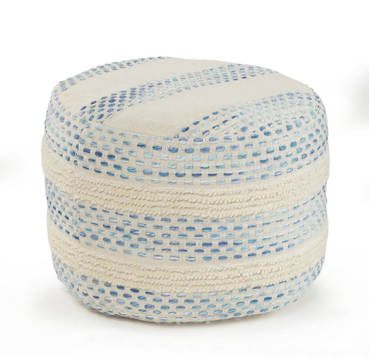 18" Natural And Ivory Cotton Blend Round Striped Pouf Ottoman HomeRoots
