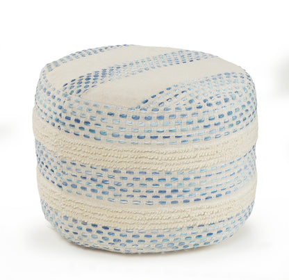 18" Ivory and Blue Cotton Blend Round Striped Pouf Ottoman