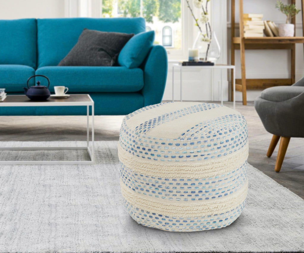 18" Ivory and Blue Cotton Blend Round Striped Pouf Ottoman