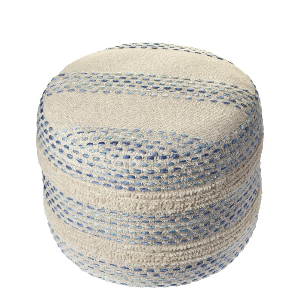 18" Ivory and Blue Cotton Blend Round Striped Pouf Ottoman