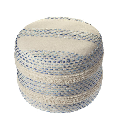 18" Ivory and Blue Cotton Blend Round Striped Pouf Ottoman