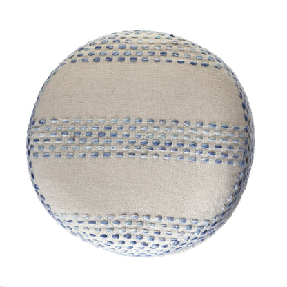 18" Ivory and Blue Cotton Blend Round Striped Pouf Ottoman