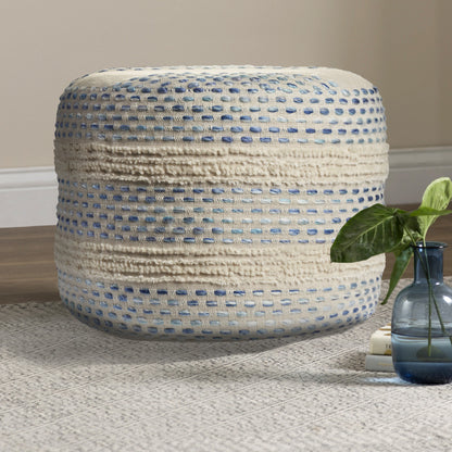 18" Ivory and Blue Cotton Blend Round Striped Pouf Ottoman