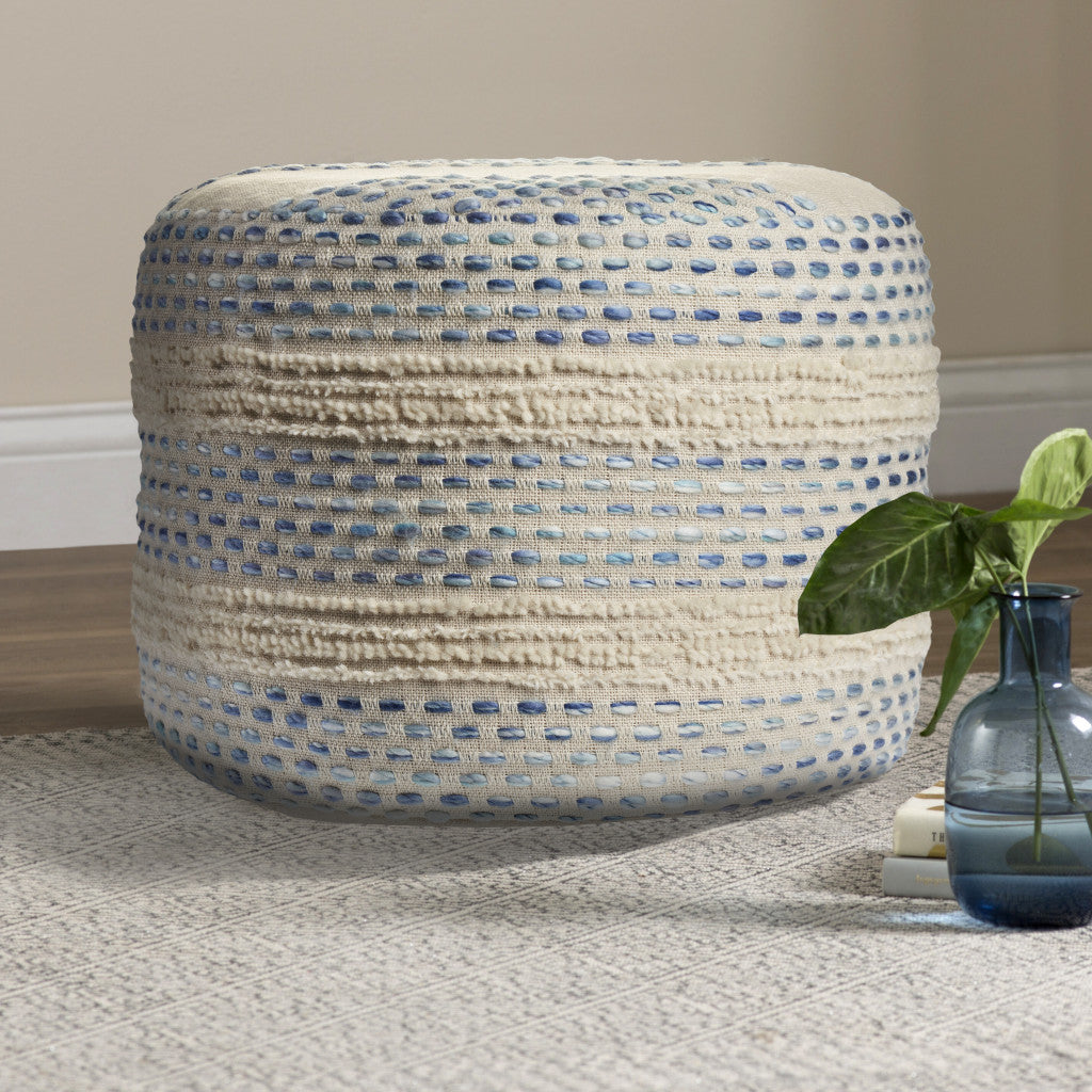 18" Ivory and Blue Cotton Blend Round Striped Pouf Ottoman