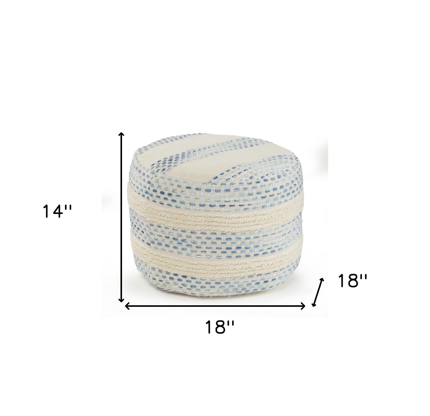 18" Ivory and Blue Cotton Blend Round Striped Pouf Ottoman