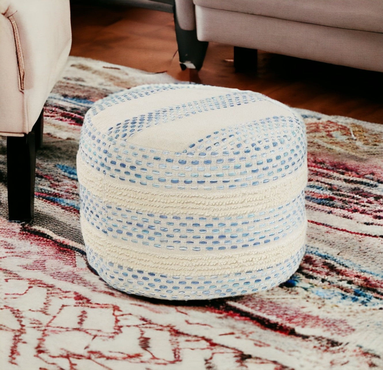 18" Ivory and Blue Cotton Blend Round Striped Pouf Ottoman