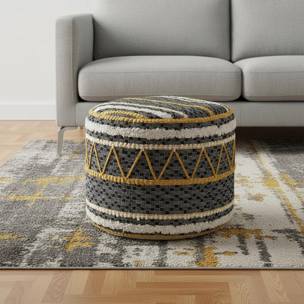 18" Black Cotton Striped Cylinder Pouf Ottoman HomeRoots