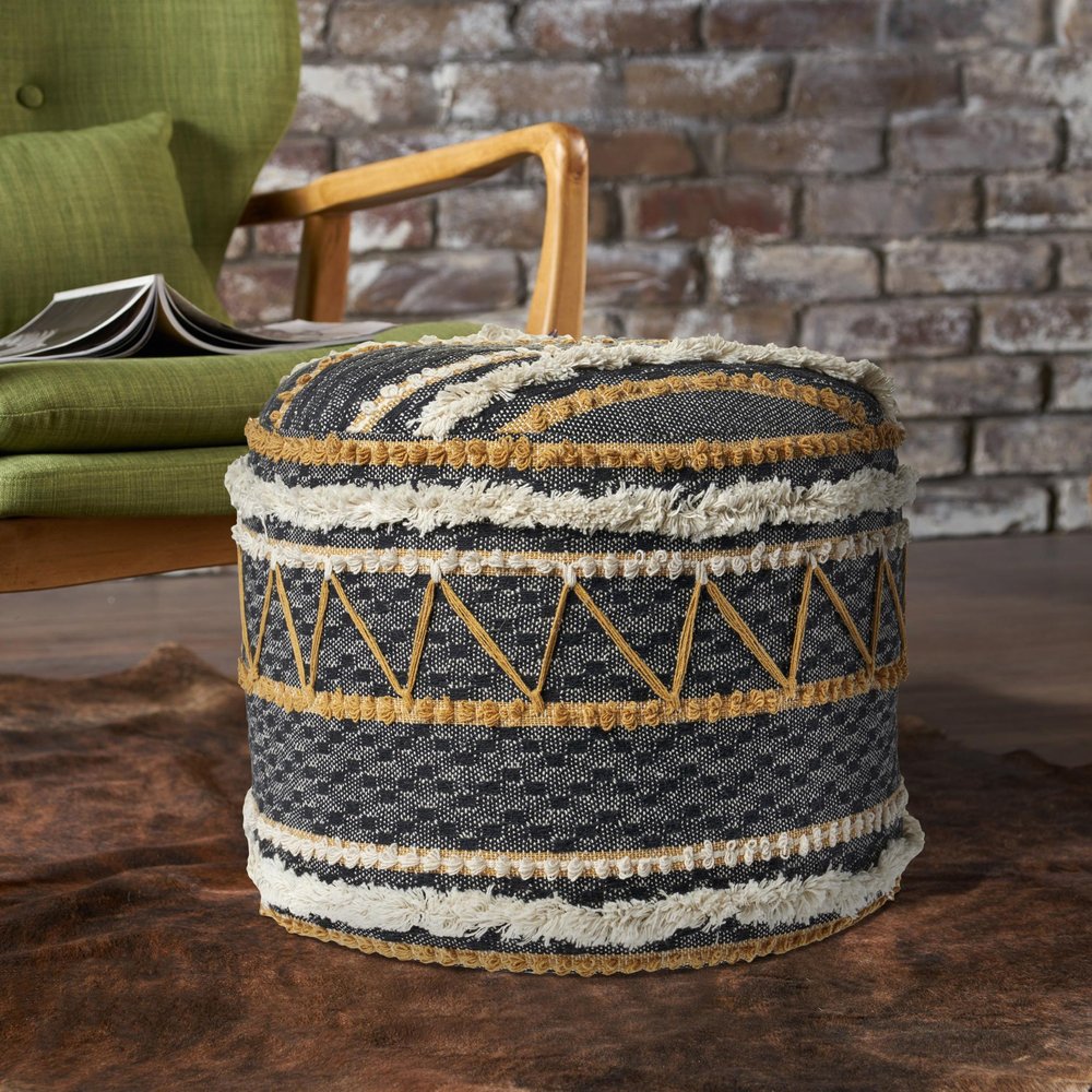 18" Black Cotton Striped Cylinder Pouf Ottoman HomeRoots