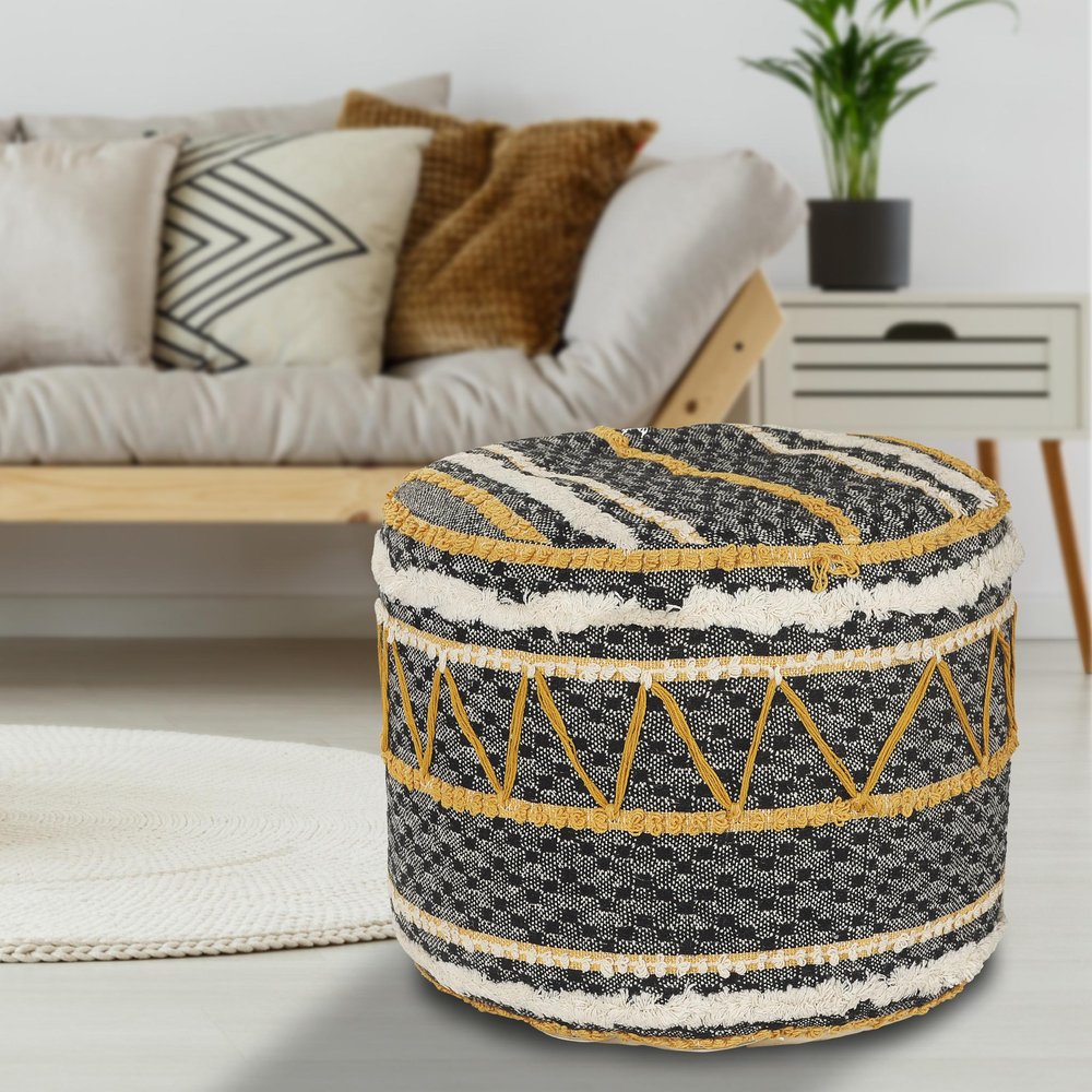 18" Black Cotton Striped Cylinder Pouf Ottoman HomeRoots
