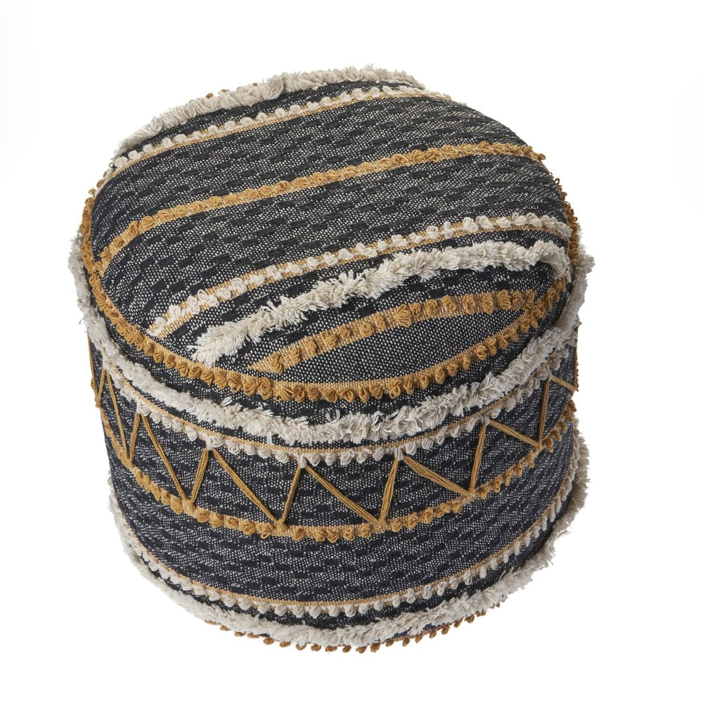 18" Black Cotton Striped Cylinder Pouf Ottoman HomeRoots