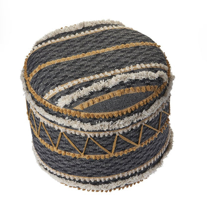 18" Black Cotton Striped Cylinder Pouf Ottoman HomeRoots